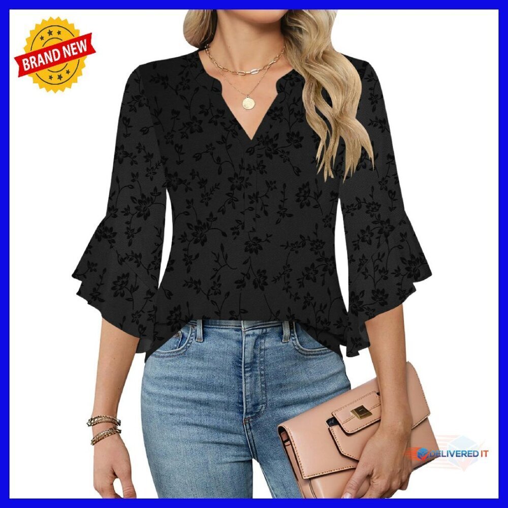 3/4 Sleeve Double Layer V-Neck Blouse Office Tunic Business Casual